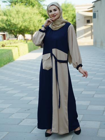 Wholesale Zoom Abaya With One Side Pocket And Attached Belt In Beige And Navy B