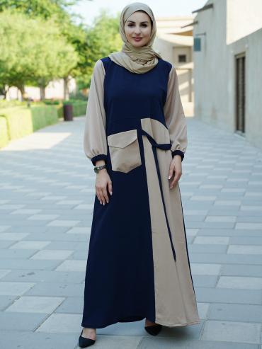 Wholesale Zoom Abaya With One Side Pocket And Attached Belt In Beige And Navy B