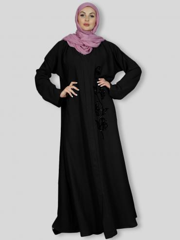 Wholesale Masha Crepe Simple Abaya With Crystal Hand Work in Black