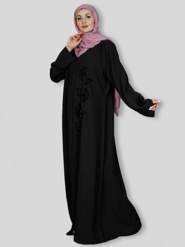 Wholesale Masha Crepe Simple Abaya With Crystal Hand Work in Black