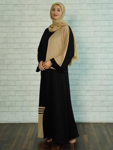 Wholesale Zoom Simple Abaya with Black Crystal Handwork on the Front in Black and Beige