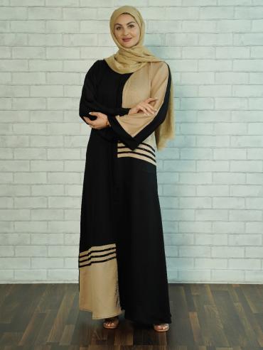Wholesale Zoom Simple Abaya with Black Crystal Handwork on the Front in Black and Beige