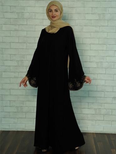 Wholesale Black Masha Crepe Abaya with Golden Beads on the Sleeves and Back
