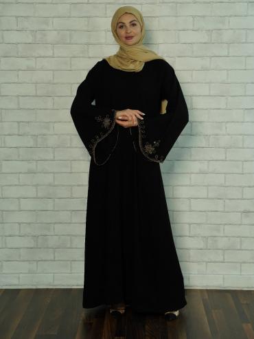 Wholesale Black Masha Crepe Abaya with Golden Beads on the Sleeves and Back