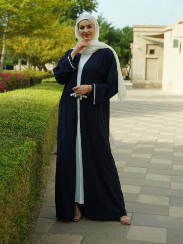 Wholesale CEY Modest Dress with a Shrug and Show Button in OffWhite and Navy Blue