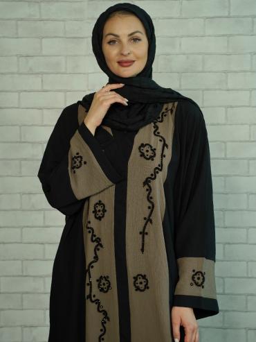 Wholesale CEY Modest Dress with Black Crystal Handwork on the Front and Sleeves in Black and Brown