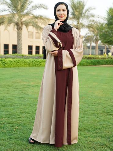 Wholesale Masha Crepe Dark Maroon Abaya With an Attached Cream Shrug In CEY
