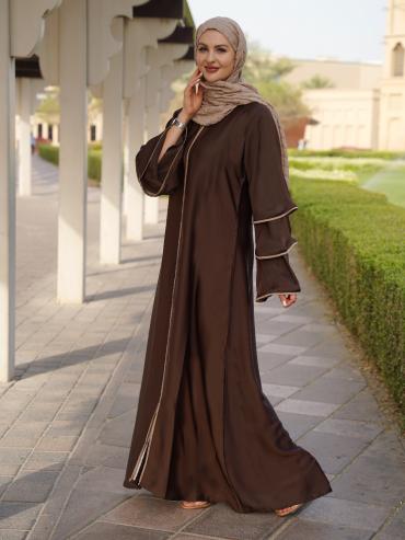Wholesale Bell Sleeve Abaya with Beige Piping Work on the Front and Sleeves in Coffee Brown