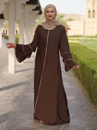 Wholesale Bell Sleeve Abaya with Beige Piping Work on the Front and Sleeves in Coffee Brown