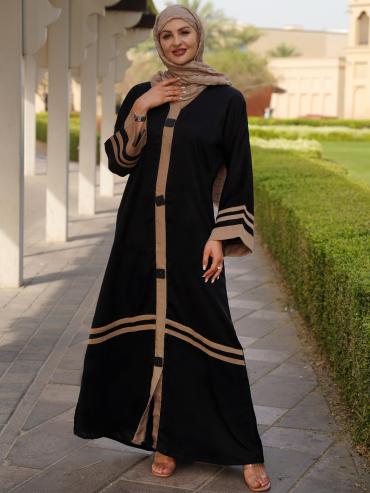 Wholesale Abaya with Beige Band Work on the Front and Sleeves in Black