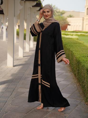Wholesale Abaya with Beige Band Work on the Front and Sleeves in Black