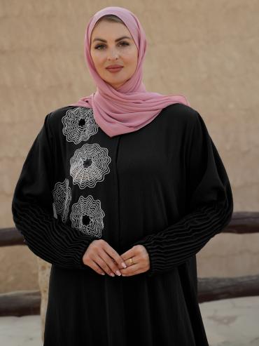 Wholesale Zoom Simple Front Open Abaya with Crystal Hand Work and Pleat Work on the Sleeves in Black