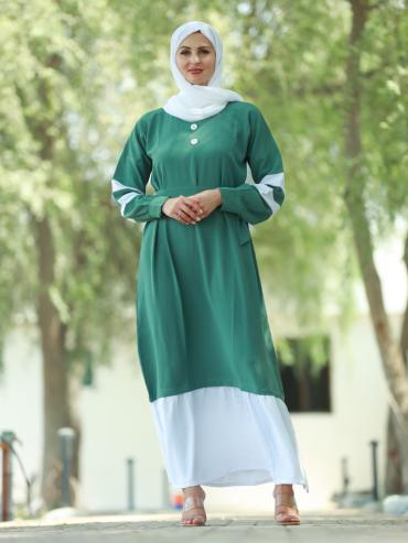 Wholesale Modest Dress with Show Buttons on the Front and a Belt in Teal and OffWhite