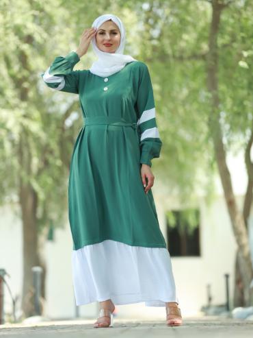 Wholesale Modest Dress with Show Buttons on the Front and a Belt in Teal and OffWhite