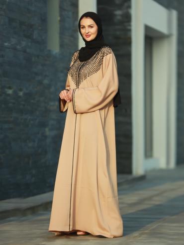 Wholesale Beige Gulf Zoom Abaya with Crystal Handwork and Piping on the Front and Sleeves