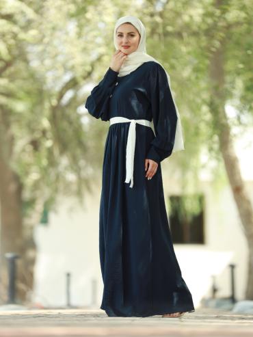 Wholesale Modest Dress with Show Buttons on the Front and a Belt in Navy Blue