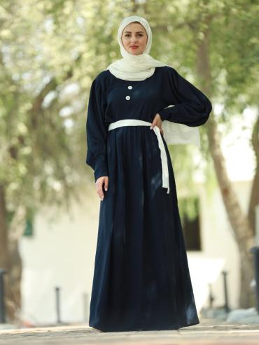 Wholesale Modest Dress with Show Buttons on the Front and a Belt in Navy Blue