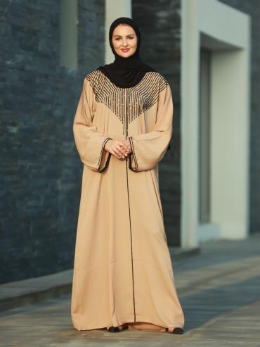 Wholesale Beige Gulf Zoom Abaya with Crystal Handwork and Piping on the Front and Sleeves
