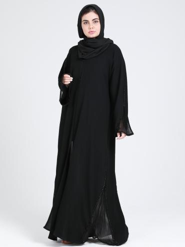 Wholesale Front Open  Zoom Abaya With Crystal Handwork On Sleeve And Side In Black.