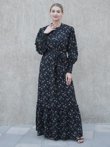 Wholesale Modest Dress with a Floral Print in Black