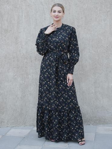 Wholesale Modest Dress With Floral Print In Black.