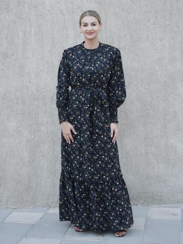 Wholesale Modest Dress With Floral Print In Black.