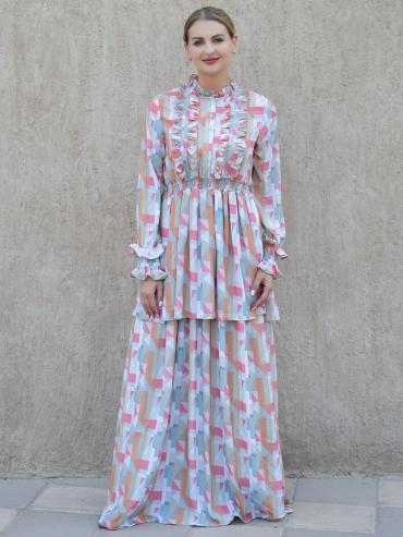Wholesale Elegant Layered Modest Dress with Mosaic Print