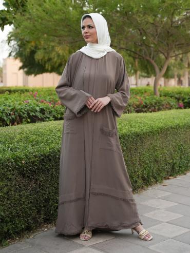 Wholesale Modest Dress With Weaving Yarn Work On Front And Pocket In Brown