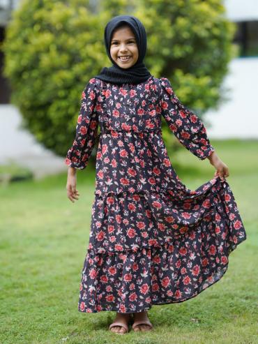 Wholesale Kids Calico Printed Modest Dress in Black