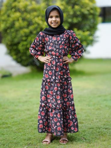 Wholesale Kids Calico Printed Modest Dress in Black