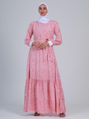 Wholesale Modest Dress with a Belt in Rose and White