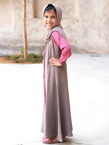 Wholesale Kids Abaya with Show Buttons on the Front in Brown and Puce Pink