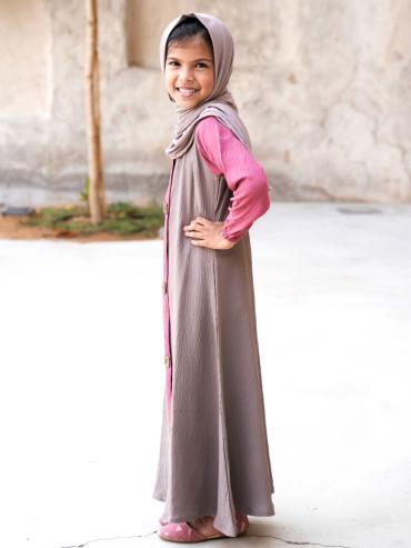 Wholesale Kids Abaya With Show Button On Front In Brown And Puce Pink