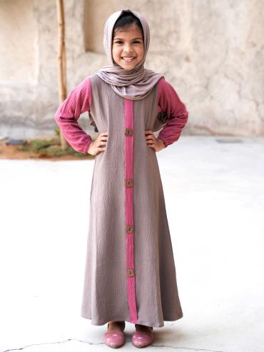 Wholesale Kids Abaya with Show Buttons on the Front in Brown and Puce Pink