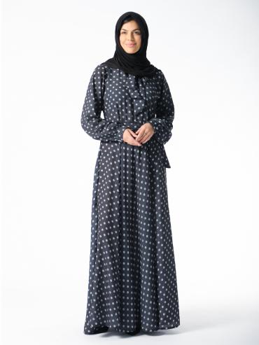 Wholesale Polka Dot Printed Modest Dress with a TieUp Neck in Black