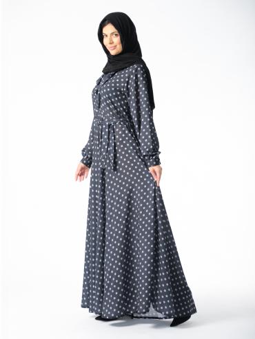 Wholesale Polka Dot Printed Modest Dress with a TieUp Neck in Black