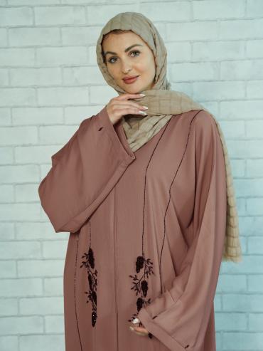 Wholesale Modest Dress with Black Crystal Handwork on the Front and Sleeves in Soft Brown 