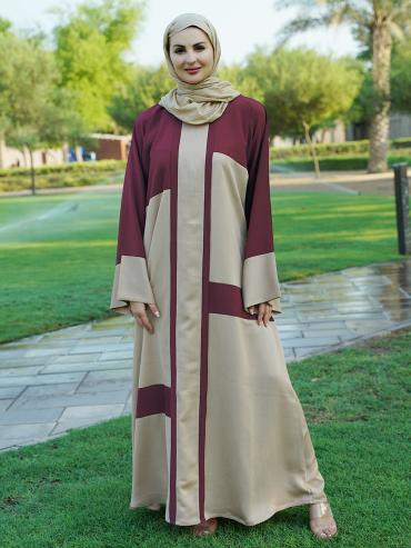 Wholesale Simple Zoom Abaya In Dark Maroon And Beige