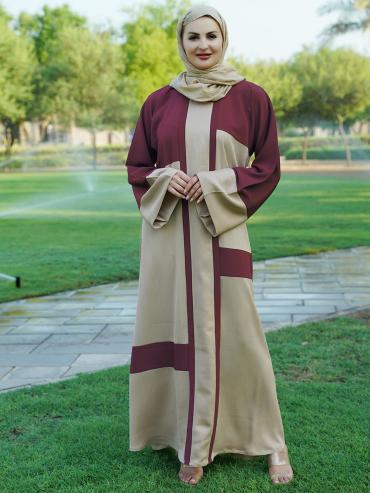 Wholesale Simple Zoom Abaya In Dark Maroon And Beige