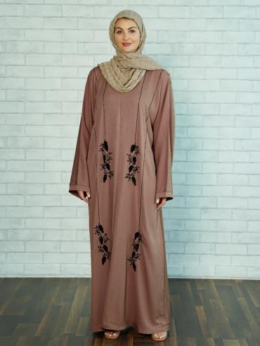 Wholesale Modest Dress with Black Crystal Handwork on the Front and Sleeves in Soft Brown 