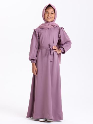 Wholesale High Neck Puff Sleeves Ruffled Kids Modest Dress In Purple