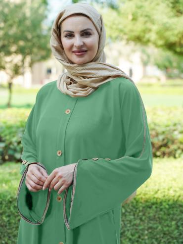 Wholesale CEY Abaya With Beige Piping And Show Buttons on the Front And Sleeves In Mint