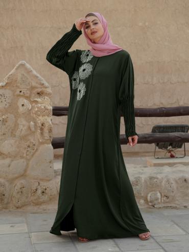 Wholesale Zoom Simple Front Open Abaya with Crystal Hand Work and Pleat Work on the Sleeves in Olive