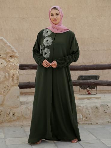 Wholesale Zoom Simple Front Open Abaya with Crystal Hand Work and Pleat Work on the Sleeves in Olive