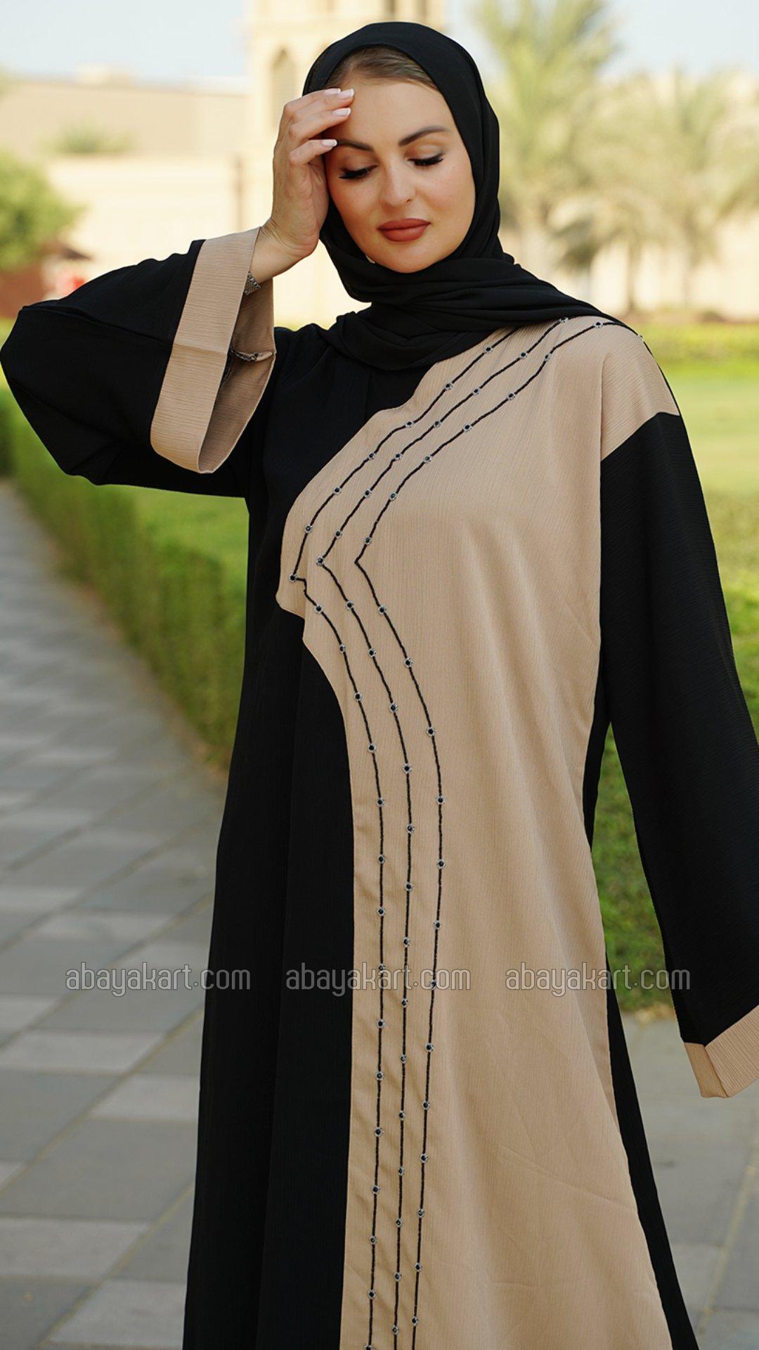 Wholesale Simple Abaya with Handwork on the Front in Black And Beige