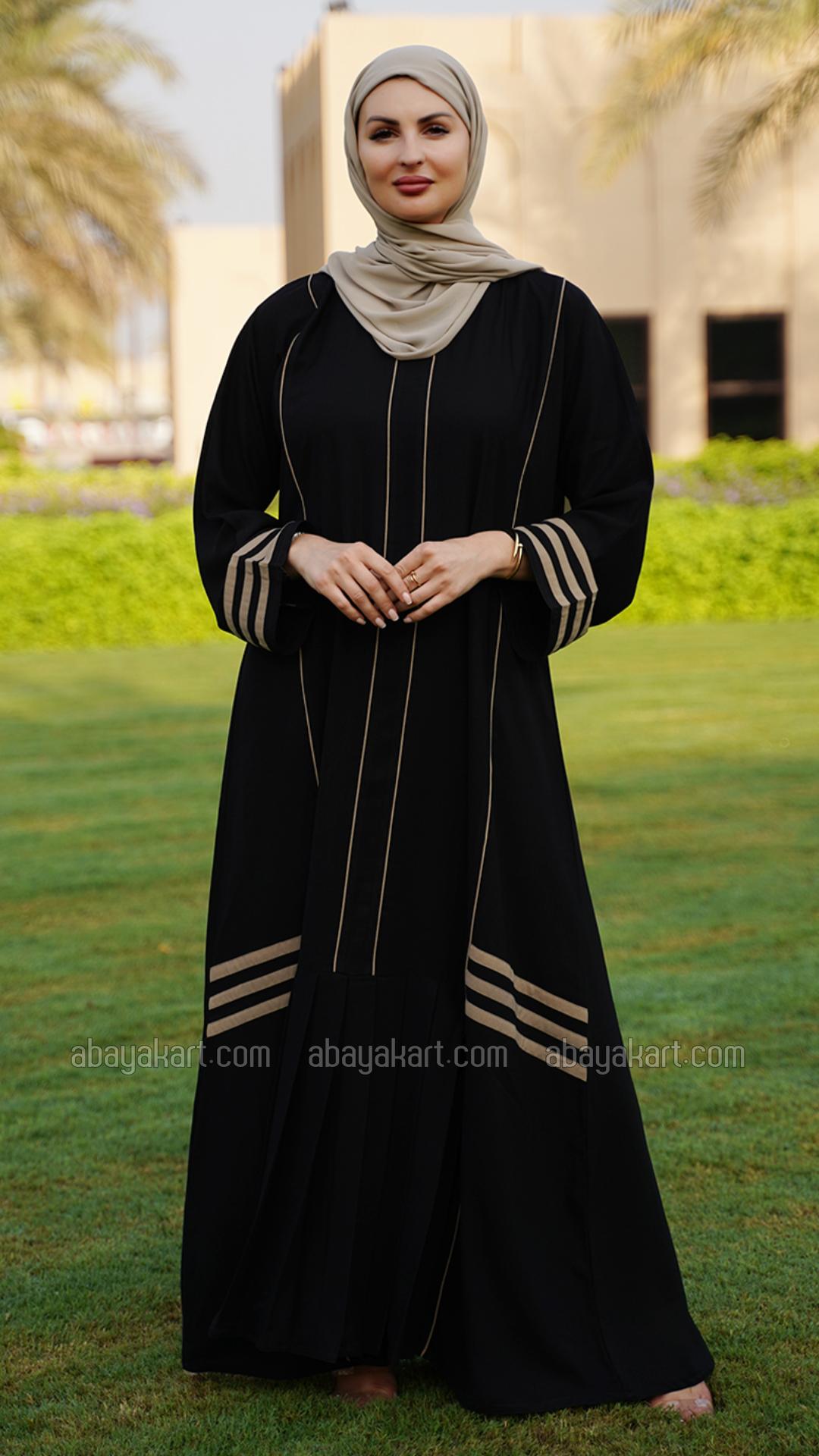 Wholesale Abaya with Piping and Pleat Work on the Front in Black and Beige