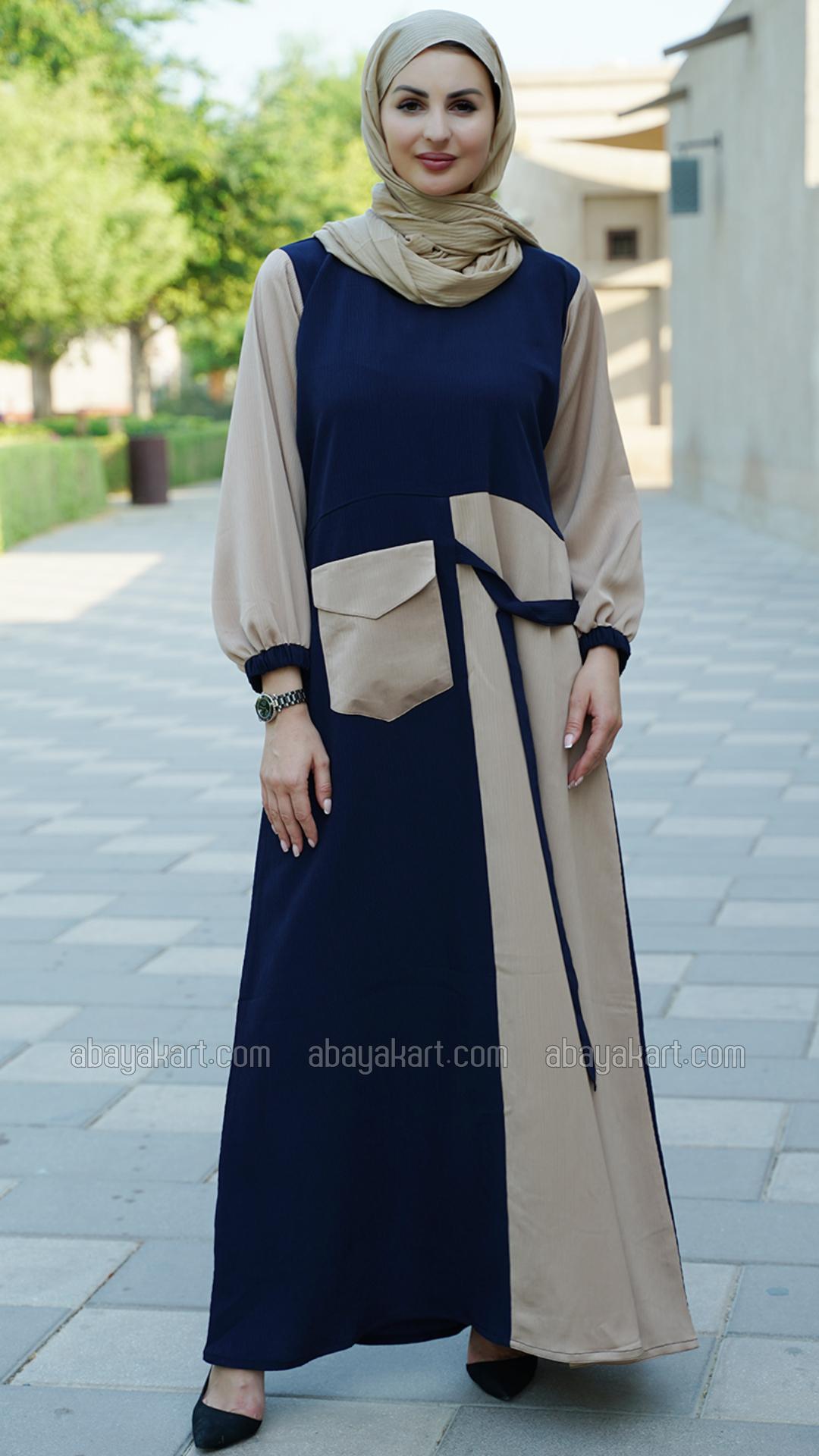 Wholesale Zoom Abaya With One Side Pocket And Attached Belt In Beige And Navy B