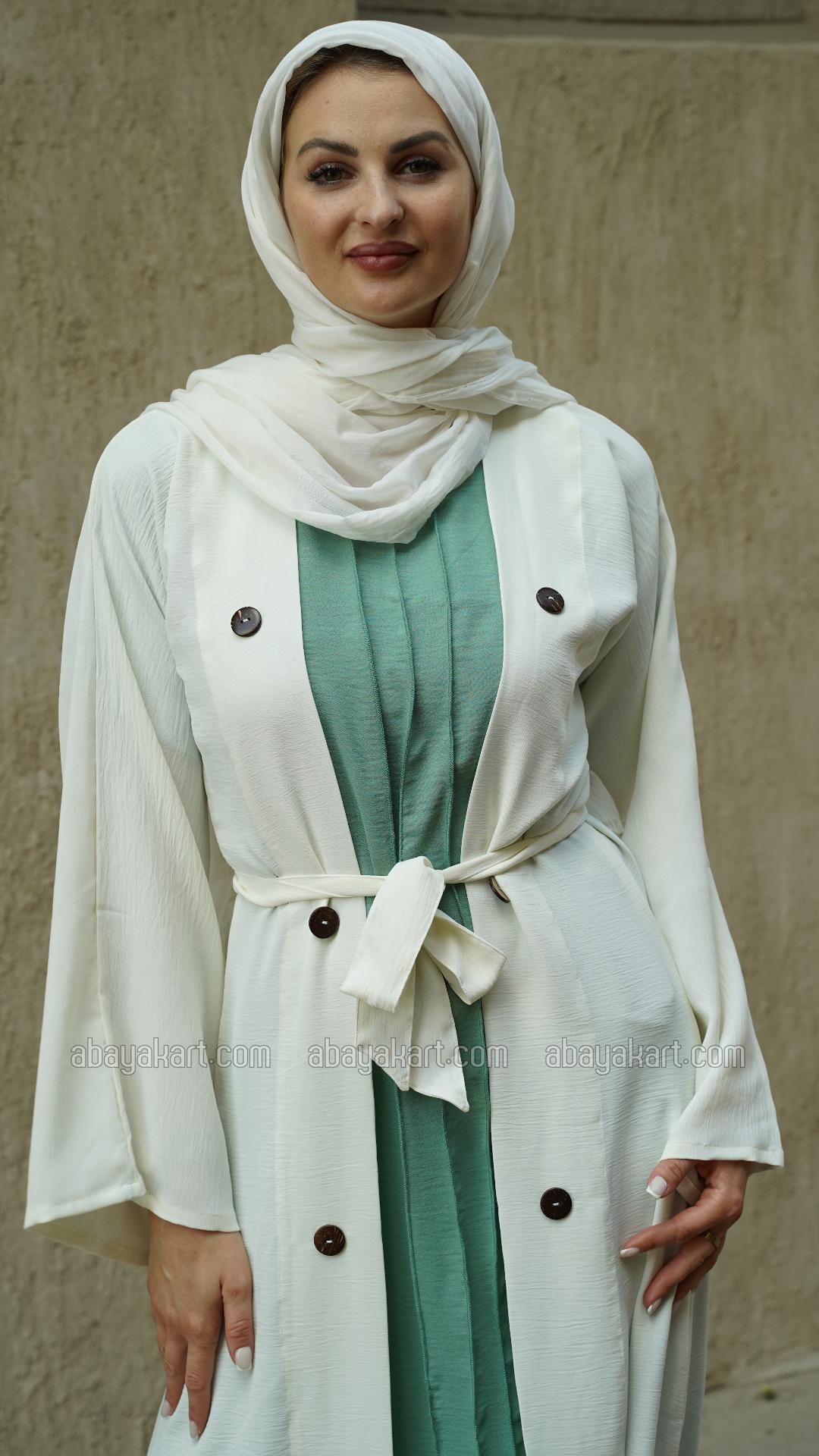 Wholesale CEY Modest Dress with a Shrug Show Buttons and a Belt in Offwhite and Turquoise
