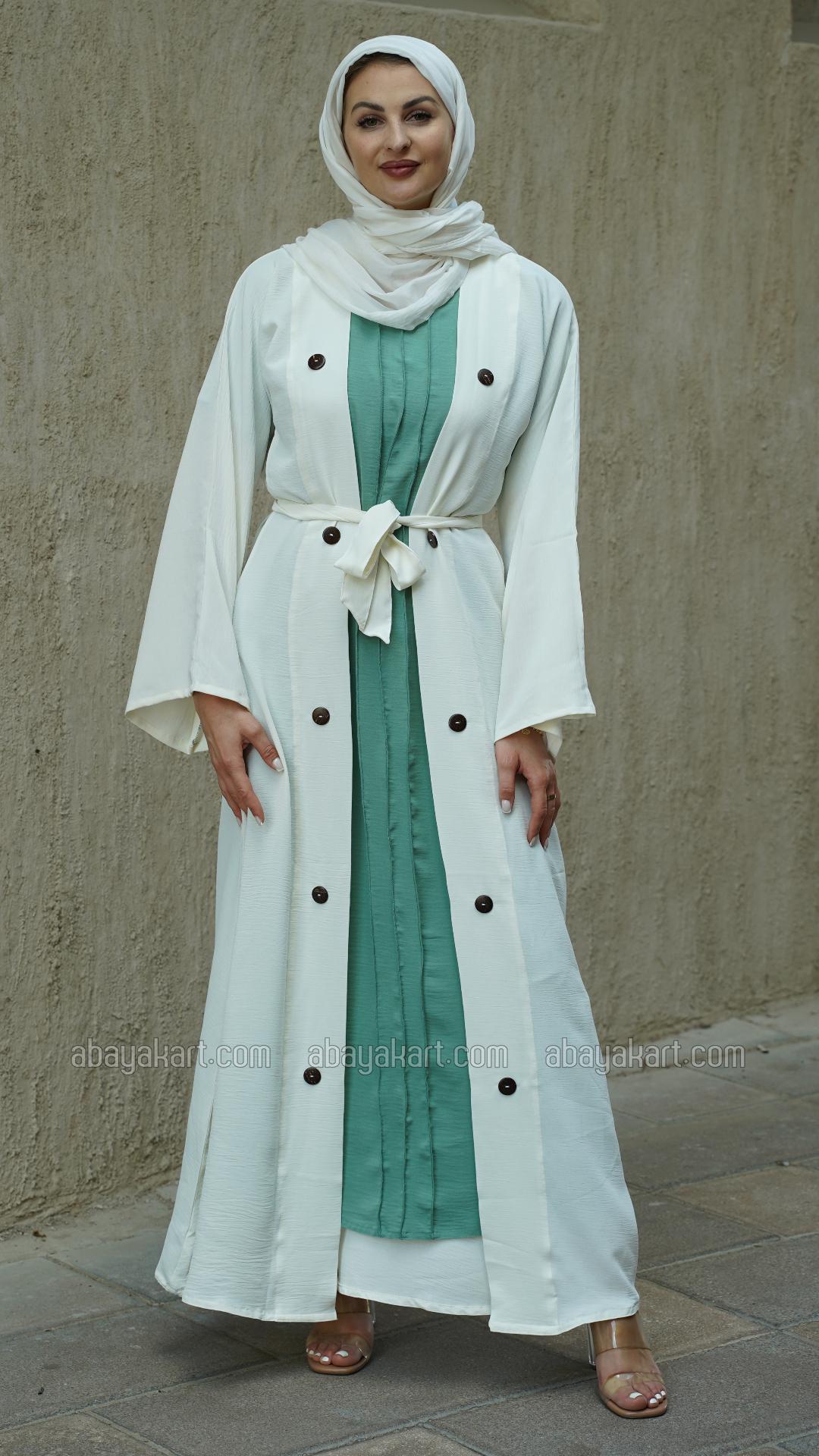 Wholesale CEY Modest Dress with a Shrug Show Buttons and a Belt in Offwhite and Turquoise