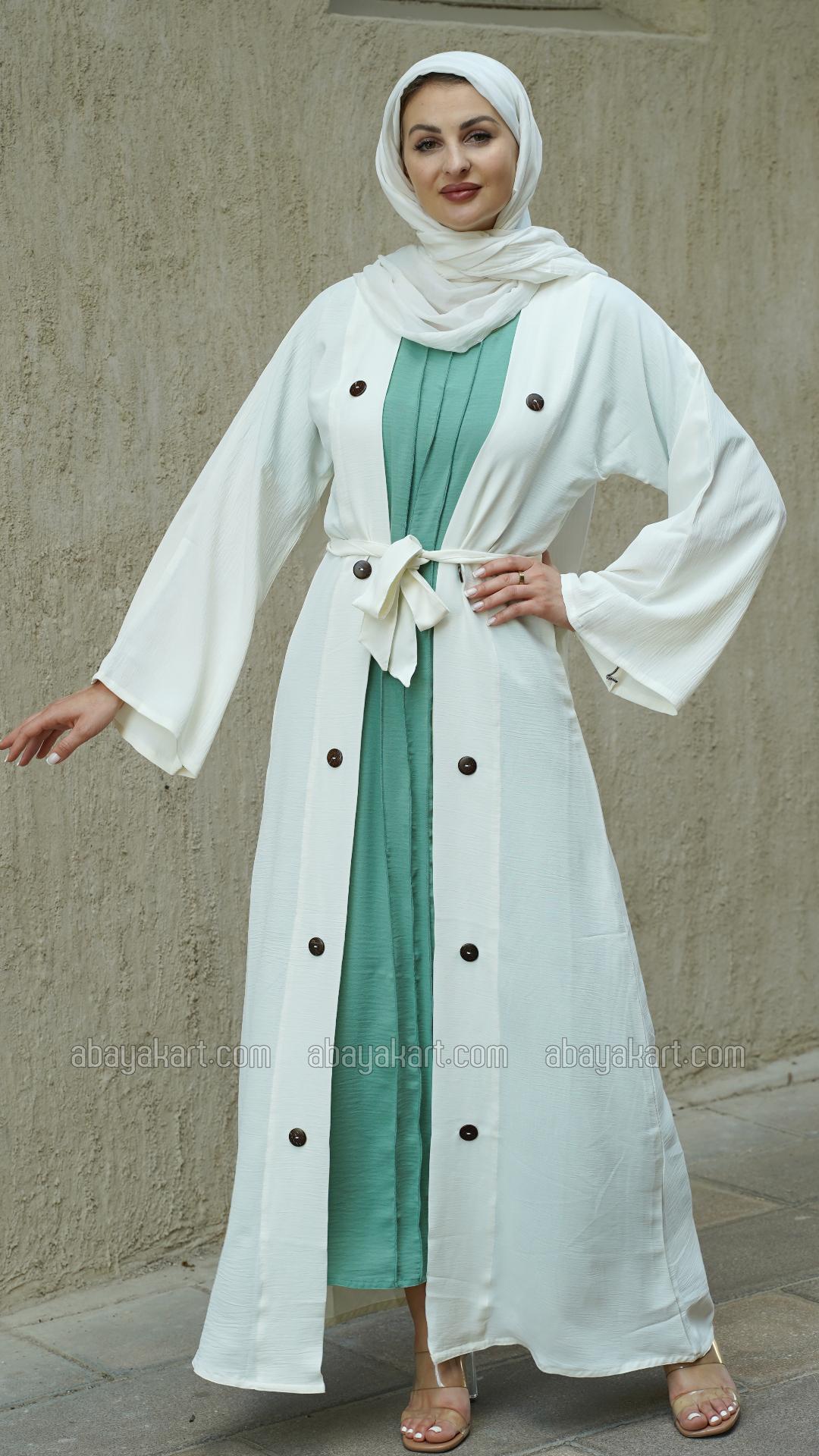 Wholesale CEY Modest Dress with a Shrug Show Buttons and a Belt in Offwhite and Turquoise